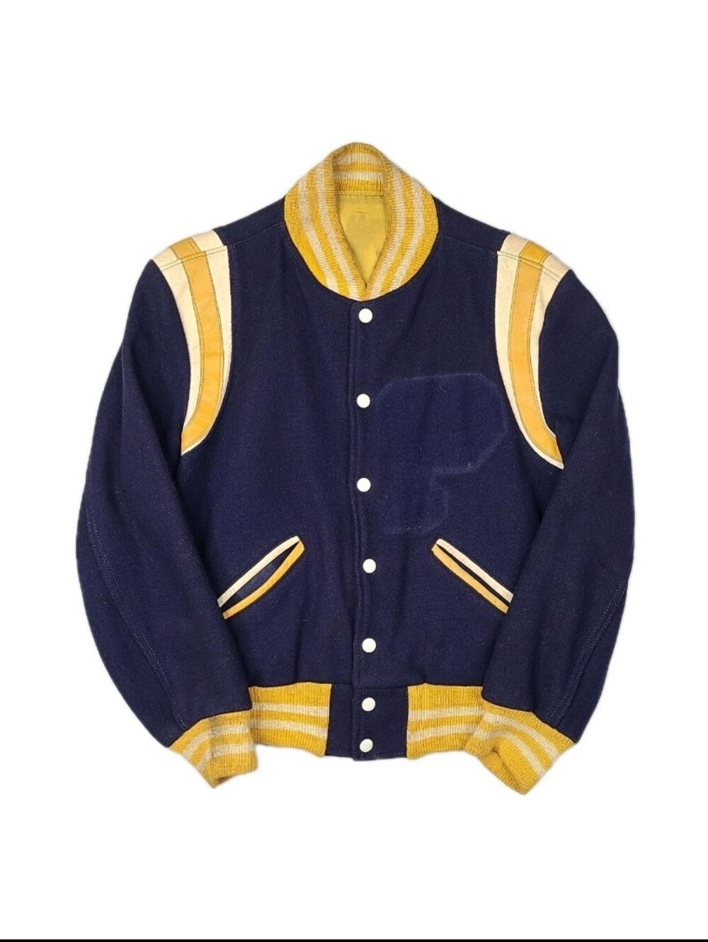 Vintage 60s Varsity Letterman Navy Blue Yellow Wool Leather Howe Jacket Small